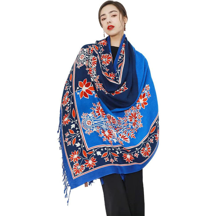 Anyyou 100% Merino Wool Royal Blue Garden Neck Wrap Silk Satin Large Winter Scarf Pashmina Shawl Bandana Perfect For Women Ladies Fashion Style