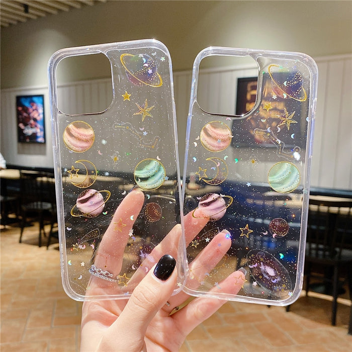 Anymob iPhone White Glitter Transparent Cartoon Planet Phone Case Soft Silicone Back Cover