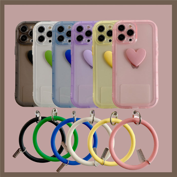Anymob iPhone Case Purple 3D Love Heart Silicone Wristband Transparent Soft Bumper Back Cover