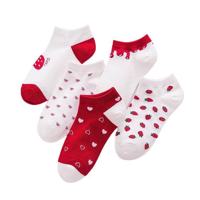 Anysox 5 Pairs One Size 5-9 Mix Strawberry Liner Cotton And Spandex Socks With Fruit Creative Design Brand Perfect for Women