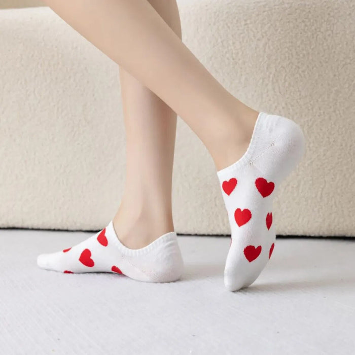 Anysox 5 Pairs Size 36-39 White with Red Hearts Fashion Socks High Quality Breathable Cotton Foor Wear for Ladies