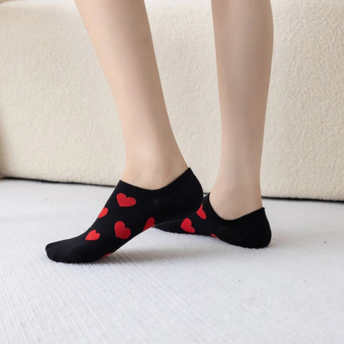 Anysox 5 Pairs Size 36-39 Black with Red Hearts Fashion Socks High Quality Breathable Cotton Foor Wear for Ladies