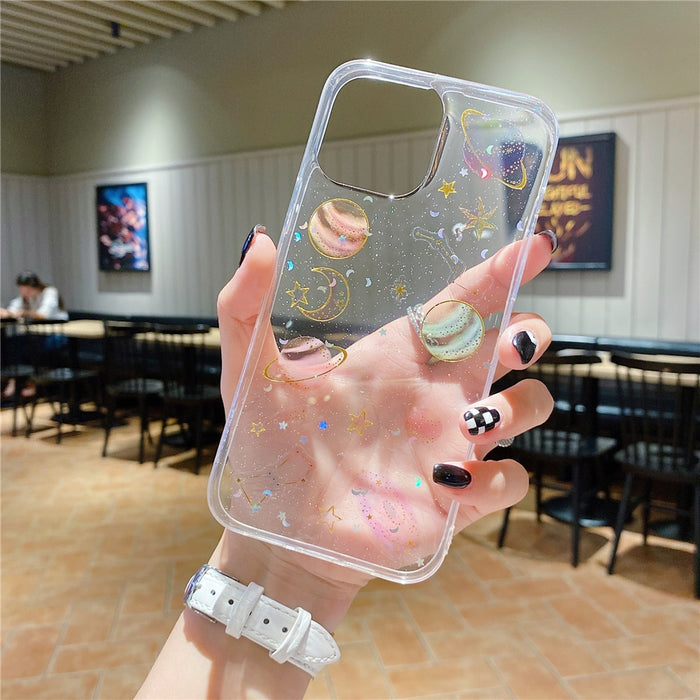 Anymob iPhone White Glitter Transparent Cartoon Planet Phone Case Soft Silicone Back Cover