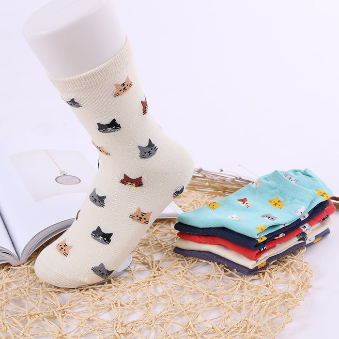 Anysox 5 Pairs One Size 5-9 Mix Colour Cartoon Animal Cute Cat Ankle Short Casual Girl With Thick Warm Cotton Socks for Holiday Gifts