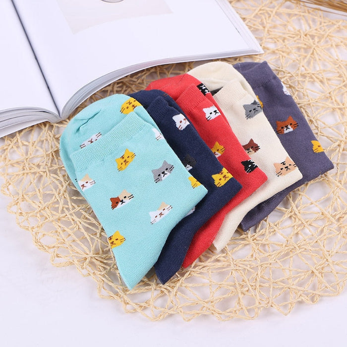 Anysox 5 Pairs One Size 5-9 Mix Colour Cartoon Animal Cute Cat Ankle Short Casual Girl With Thick Warm Cotton Socks for Holiday Gifts