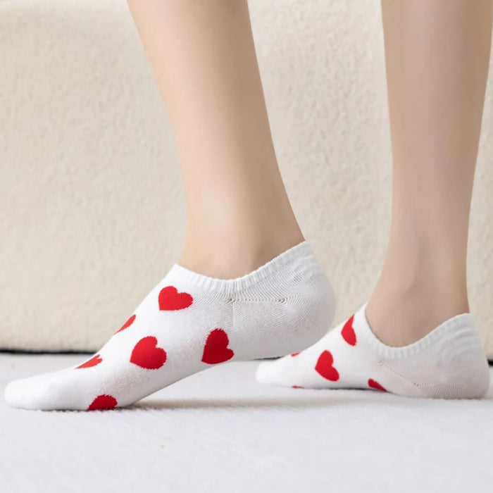 Anysox 5 Pairs Size 36-39 White with Red Hearts Fashion Socks High Quality Breathable Cotton Foor Wear for Ladies