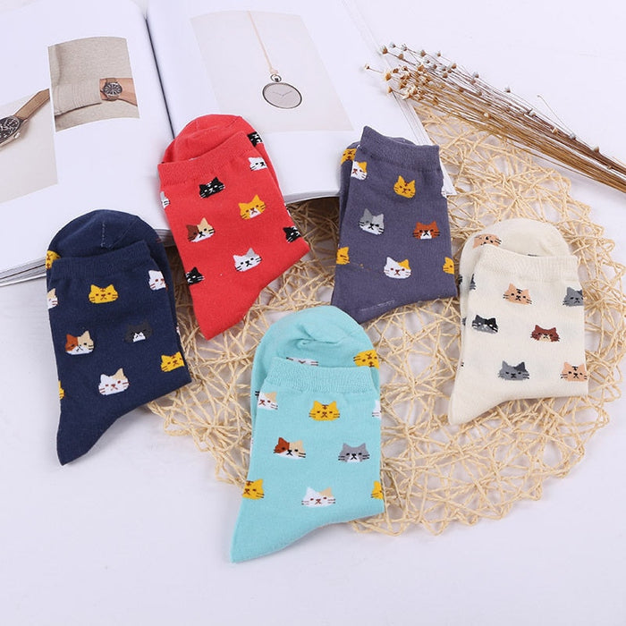 Anysox 5 Pairs One Size 5-9 Mix Colour Cartoon Animal Cute Cat Ankle Short Casual Girl With Thick Warm Cotton Socks for Holiday Gifts