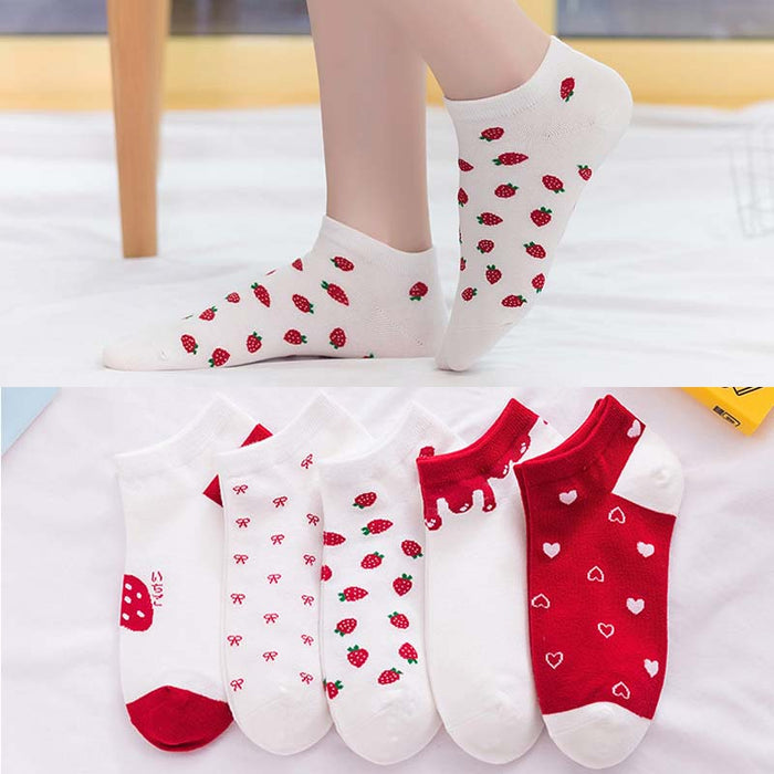 Anysox 5 Pairs One Size 5-9 Mix Strawberry Liner Cotton And Spandex Socks With Fruit Creative Design Brand Perfect for Women