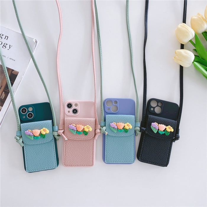 Anymob iPhone Green Crossbody Lanyard Rope Card Slot Holder Case Flowers Soft Silicone Cover