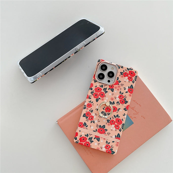 Anymob iPhone Case Pink Ring Holder Flowers Square Design Soft Silicon Stand Phone Cover