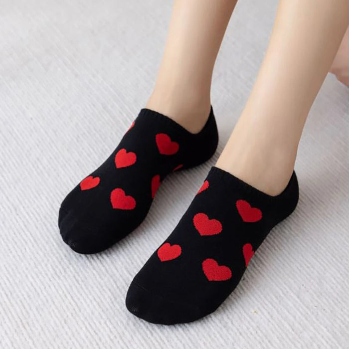 Anysox 5 Pairs Size 36-39 Black with Red Hearts Fashion Socks High Quality Breathable Cotton Foor Wear for Ladies