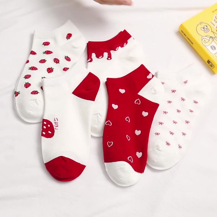 Anysox 5 Pairs One Size 5-9 Mix Strawberry Liner Cotton And Spandex Socks With Fruit Creative Design Brand Perfect for Women