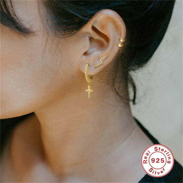 Anyco Earrings Gold Plated Trendy Geometric White Zircon Cross Stud For Women Teen Fashion Stylish Accessories Jewelry Gifts