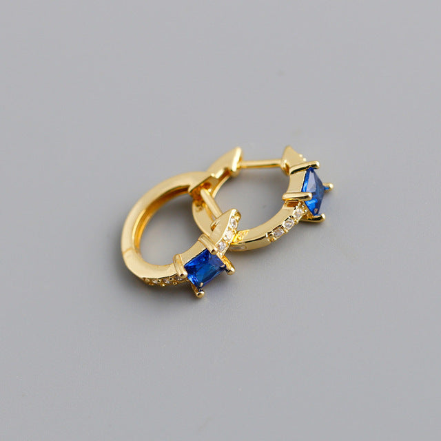 Anyco Earrings Gold Plated Blue Luxury Square CZ  Round Ear Buckle  For Women Girl Teen Chic Fashion Stylish Accessories Jewelry Gifts