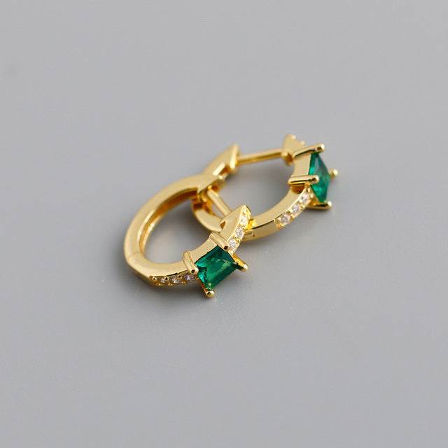 Anyco Earrings Gold Plated Green Luxury Square CZ Round Ear Buckle  For Women Girl Teen Chic Fashion Stylish Accessories Jewelry Gifts