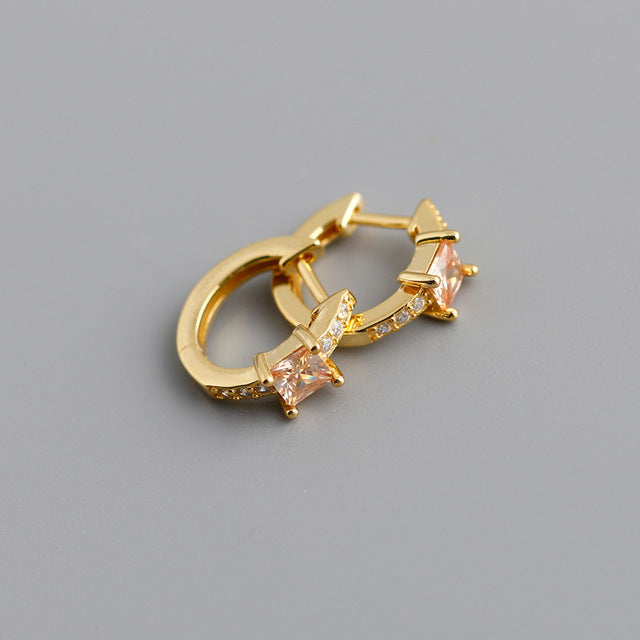 Anyco Earrings Gold Plated Yellow Luxury Square CZ  Round Ear Buckle  For Women Girl Teen Chic Fashion Stylish Accessories Jewelry Gifts