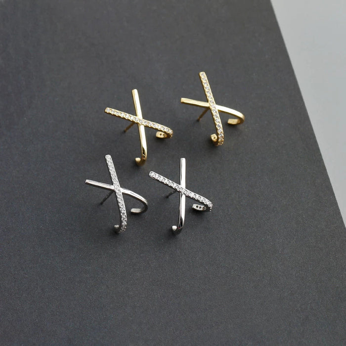 Anyco Stud Earrings Letter X Bohemia Punk Cross White Zircon Silver Bohemia Charms for Women Party Rock Jewelry Gift