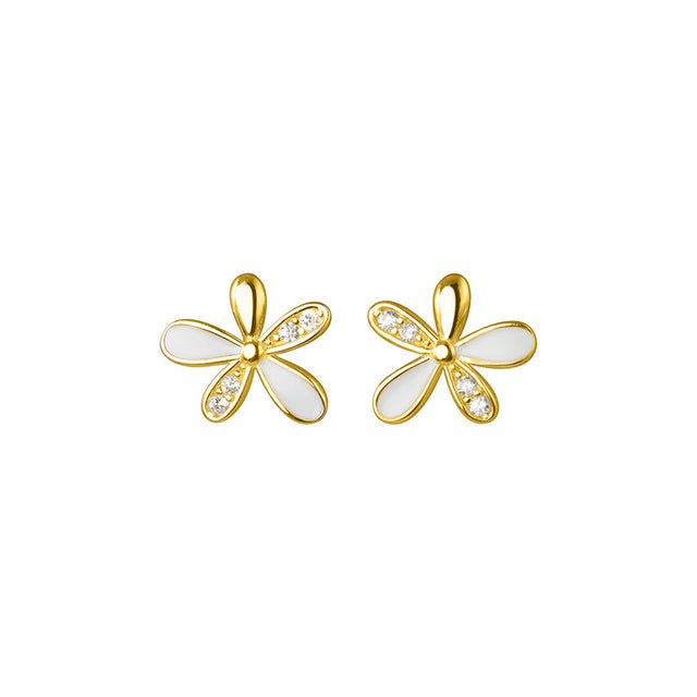 Anyco Fashion Earrings Gold  925 Sterling Silver Romantic White Enamel Cute Gold Flower Stud for Women Jewelry Gift