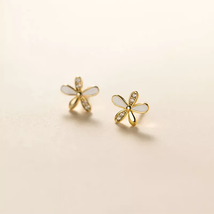 Anyco Fashion Earrings Gold  925 Sterling Silver Romantic White Enamel Cute Gold Flower Stud for Women Jewelry Gift