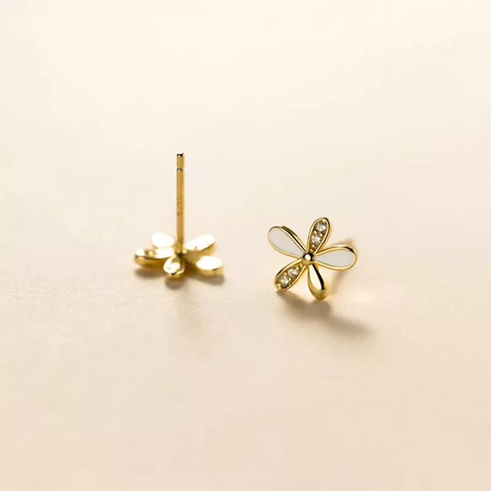 Anyco Fashion Earrings Gold  925 Sterling Silver Romantic White Enamel Cute Gold Flower Stud for Women Jewelry Gift