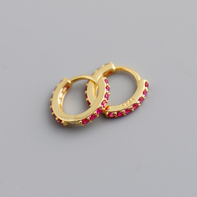 Anyco Earrings Gold Plated Red Punk Pave CZ Simple Round 8.8MM Ear Buckle For Women Girl Teen Chic Fashion Stylish Accessories Jewelry Gifts