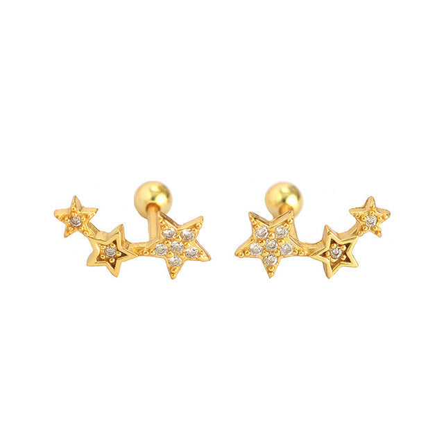 Anyco Earrings Gold Plated Screw Beads Chic Gold Star Zircon Stud For Women Girl Teen Fashion Stylish Accessories Jewelry Gifts