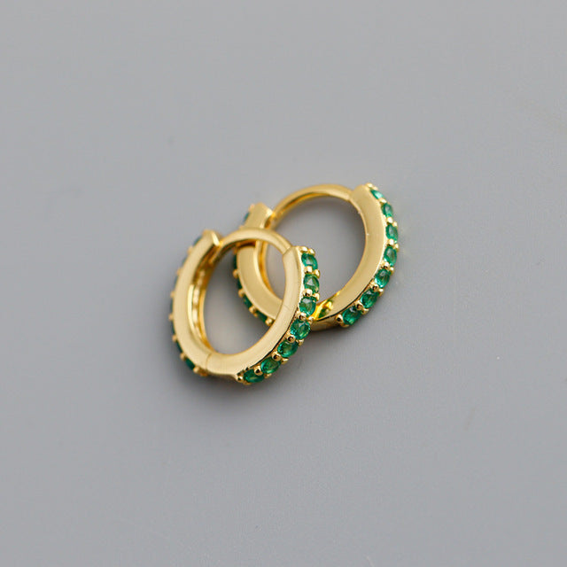 Anyco Earrings Gold Plated Green Punk Pave CZ Simple Round 8.8MM Ear Buckle For Women Girl Teen Chic Fashion Stylish Accessories Jewelry Gifts