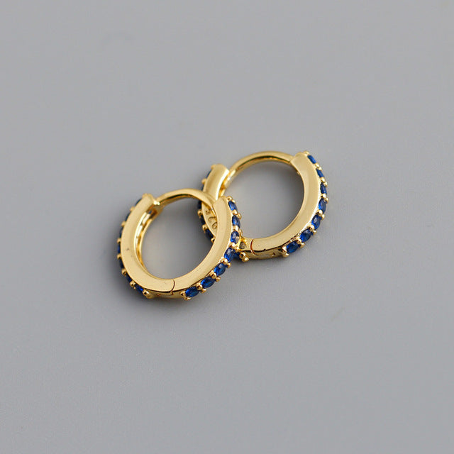 Anyco Earrings Gold Plated Blue Punk Pave CZ Simple Round 8.8MM Ear Buckle For Women Girl Teen Chic Fashion Stylish Accessories Jewelry Gifts