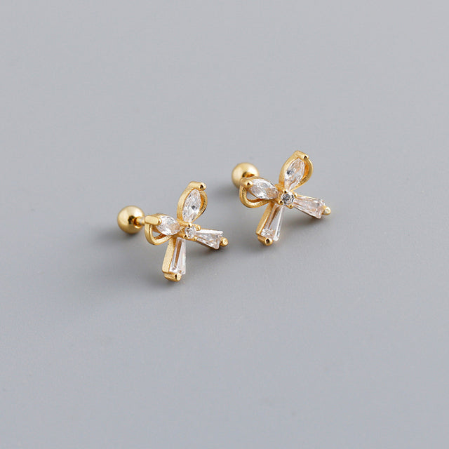 Anyco Earrings Gold Plated European Romantic Bow Zirconia Spiral Bead Stud For Women Teen Fashion Stylish Accessories Jewelry Gifts