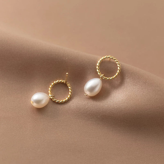 Anyco Fashion Earrings Gold 925 Sterling Silver Hoop Twist Hanging Natural Baroque Pearl Drop for Women Classic Charms Party Jewelry