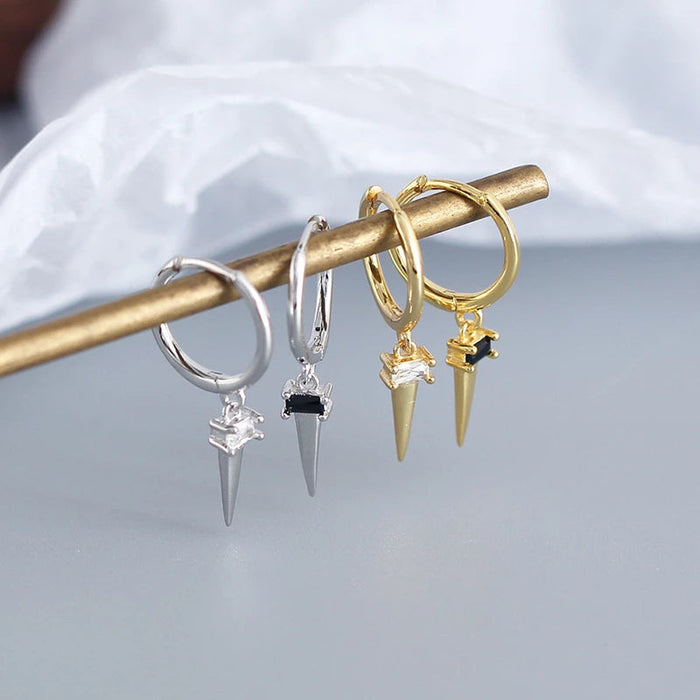 Anyco Earrings Gold Plated Pave Square Black Zircon Long Spike Rivet Hanging Stud For Women Girl Teen Fashion Stylish Accessories Jewelry Gifts