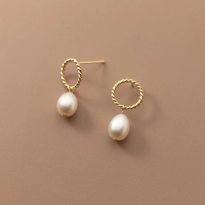 Anyco Fashion Earrings Gold 925 Sterling Silver Hoop Twist Hanging Natural Baroque Pearl Drop for Women Classic Charms Party Jewelry