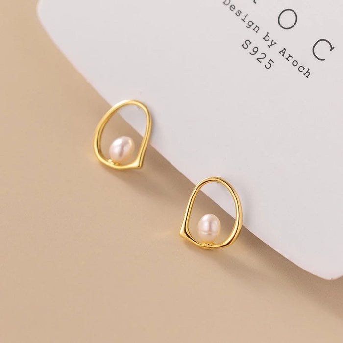 Anyco Fashion Earrings Gold 925 Sterling Silver Hollow Natural Freshwater Baroque Pearl Stud for Women Jewelry