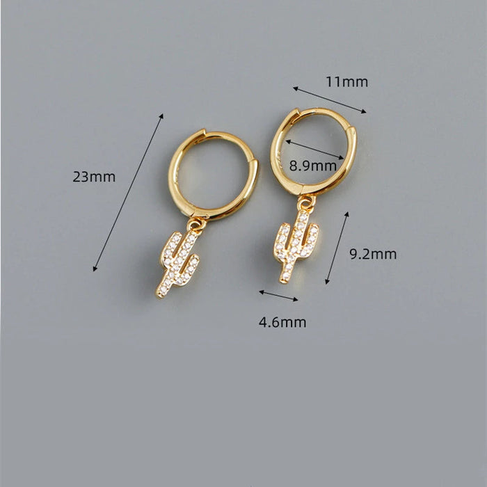 Anyco Earrings Gold Plated Pave Zircon Cactus Ear Buckle For Women Girl Teen Chic Perfect Fashion Stylish Rock Accessories Jewelry Gifts