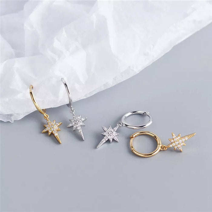 Anyco Earrings Sterling Silver Crystal Zircon Ray Star Tassel Stud For Women Girl Fashion Stylish Rock Punk Accessories Jewelry Gifts