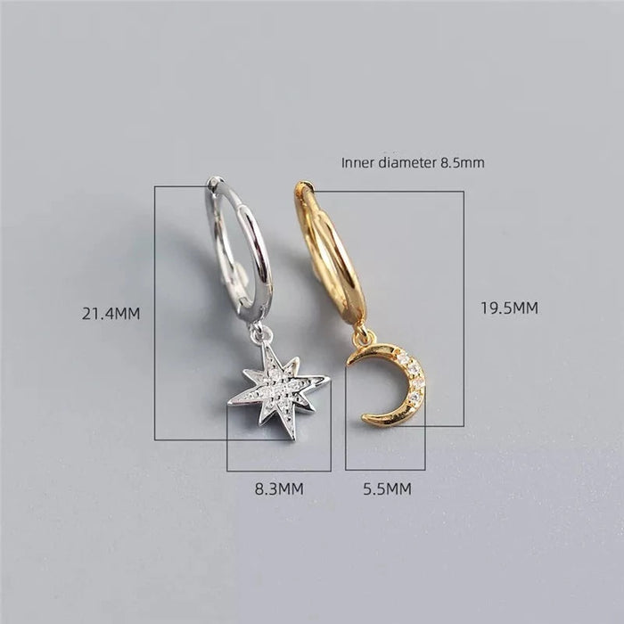 Anyco Earrings Sterling Silver Creative Asymmetric Star Moon Ear Stud For Women Girl Fashion Stylish Rock Punk Accessories Jewelry Gifts