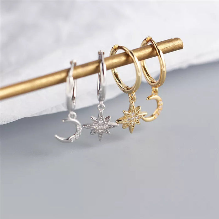 Anyco Earrings Gold Plated Creative Asymmetric Star Moon Ear Stud For Women Girl Fashion Stylish Rock Punk Accessories Jewelry Gifts