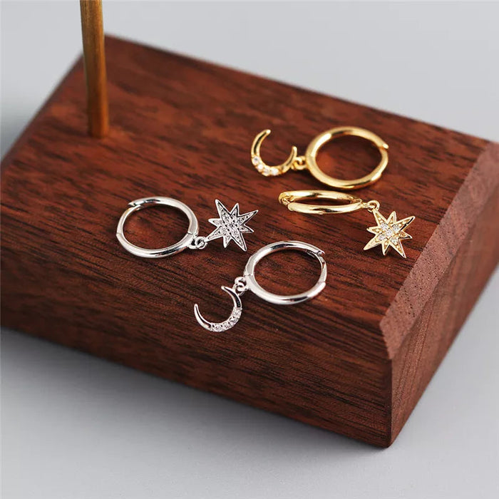 Anyco Earrings Sterling Silver Creative Asymmetric Star Moon Ear Stud For Women Girl Fashion Stylish Rock Punk Accessories Jewelry Gifts