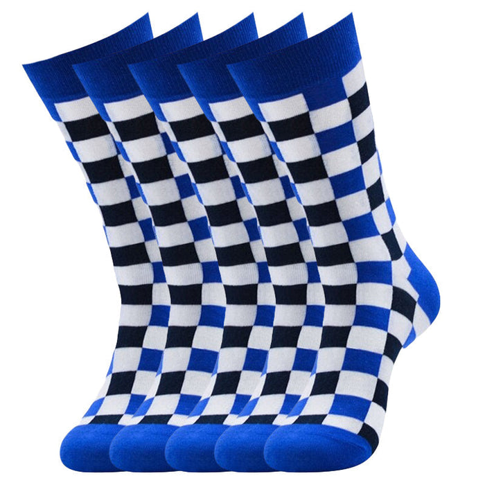 Anysox 5 Pairs Size 5-14 Fashion Socks Novelty Skateboard Squares Black and White Pattern Cotton for Women Blue