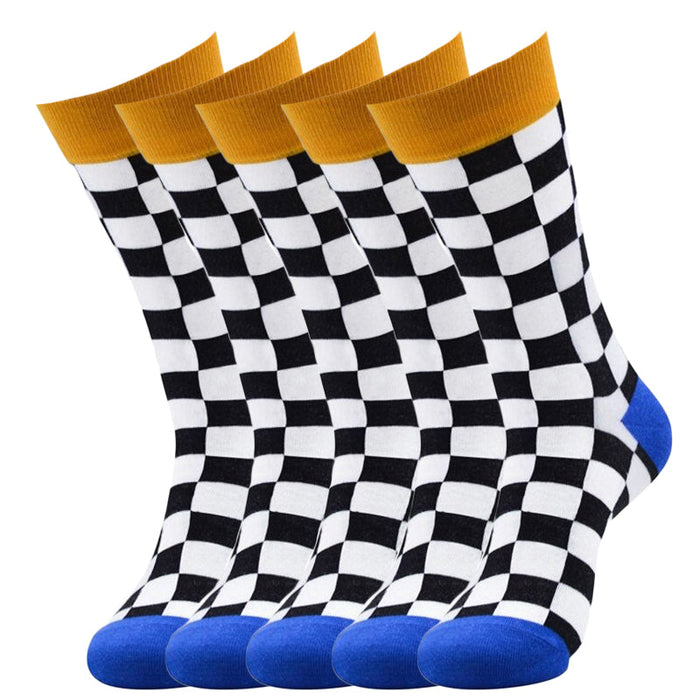 Anysox 5 Pairs Size 5-14 Fashion Socks Novelty Skateboard Squares Black and White Pattern Cotton for Women Dark Blue