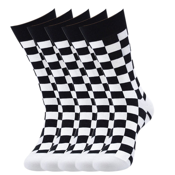 Anysox 5 Pairs Size 5-14 Fashion Socks Novelty Skateboard Squares Black and White Pattern Cotton for Women