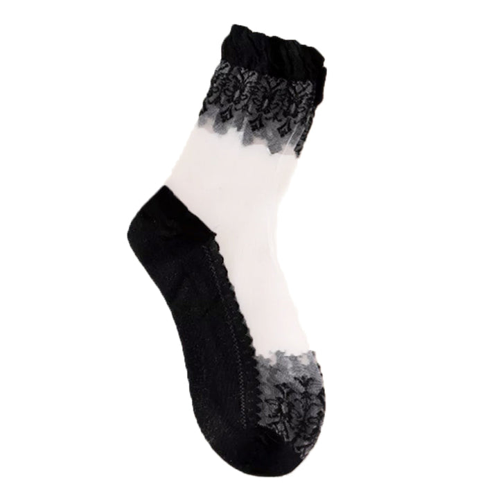 Anysox 5 Pairs Size 5-9 Fashion Socks Summer Lace Embroidery Breathable Silk Transparent Glass Crystal Stretch for Women Black