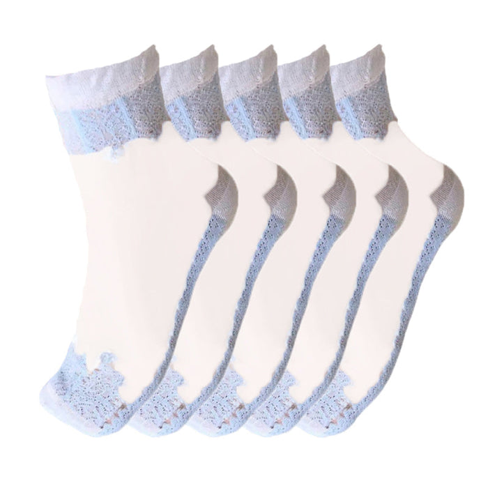 Anysox 5 Pairs Size 5-9 Fashion Socks Summer Lace Embroidery Breathable Silk Transparent Glass Crystal Stretch for Women Sky Blue