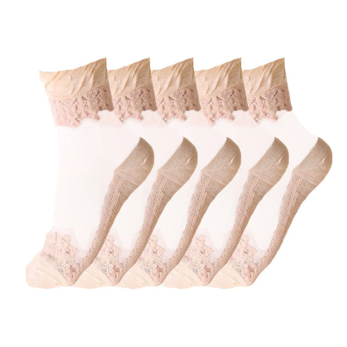 Anysox 5 Pairs Size 5-9 Fashion Socks Summer Lace Embroidery Breathable Silk Transparent Glass Crystal Stretch for Women Beige