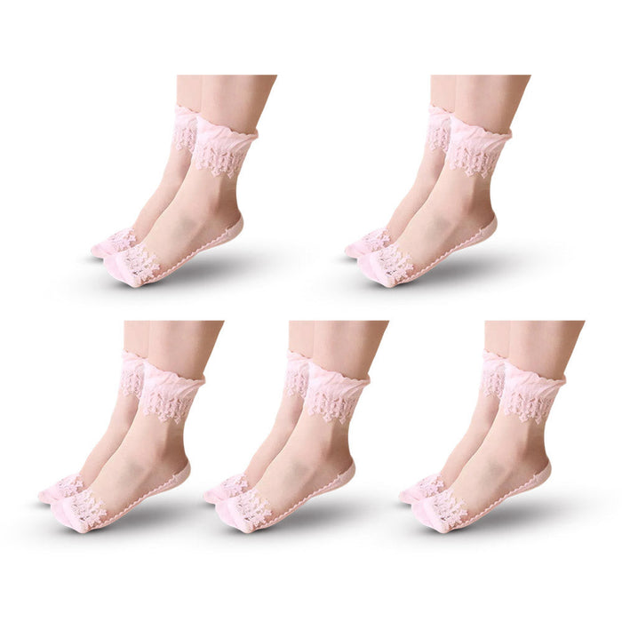 Anysox  5 Pairs Size 5-9 Fashion Socks Summer Lace Embroidery Breathable Silk Transparent Glass Crystal Stretch for Women Pink