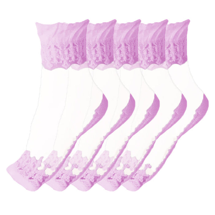 Anysox  5 Pairs Size 5-9 Fashion Socks Summer Lace Embroidery Breathable Silk Transparent Glass Crystal Stretch for Women Purple