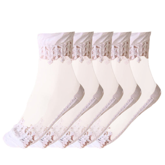 Anysox  5 Pairs Size 5-9 Fashion Socks Summer Lace Embroidery Breathable Silk Transparent Glass Crystal Stretch for Women White