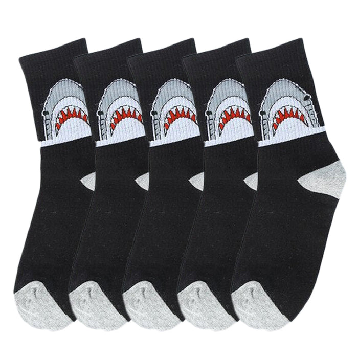 Anysox 5 Pairs Size 4-9 Black Sports Socks Long Casual Shark Print Hip-hop breathable Unisex Skateboard Knitted Casual Sports Fashion