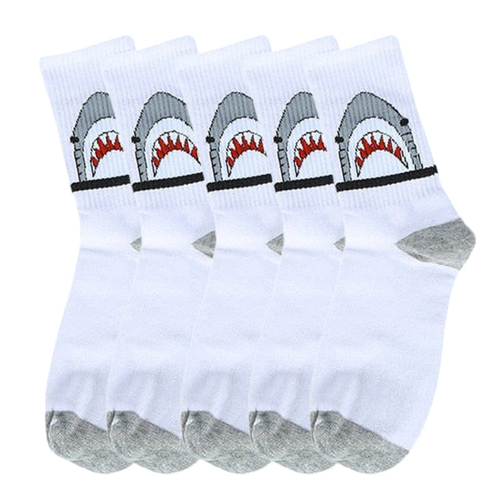 Anysox 5 Pairs Size 4-9 White Sports Socks Long Casual Shark Print Hip-hop breathable Unisex Skateboard Knitted Casual Sports Fashion