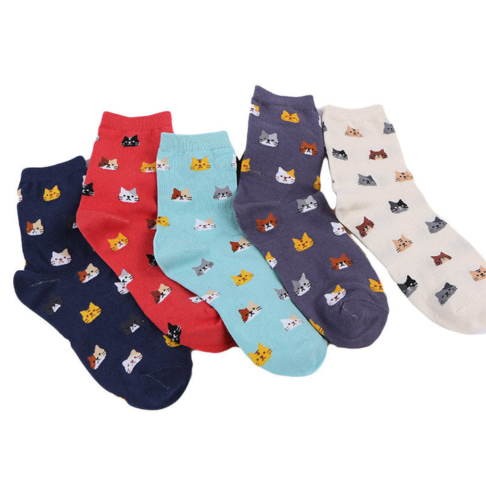 Anysox 5 Pairs One Size 5-9 Mix Colour Cartoon Animal Cute Cat Ankle Short Casual Girl With Thick Warm Cotton Socks for Holiday Gifts